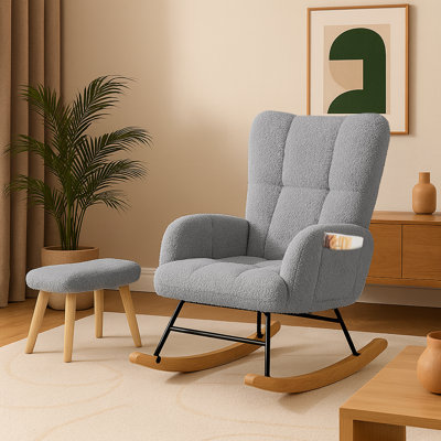 Nursery Rocking Chair with Ottoman, Teddy Upholstered Glider Rocking Chair with Side Pockets, Macfarland Accent Chair with High Backrest Reading Chair for Adult, Nursery, Bedroom, Living Room,Offices