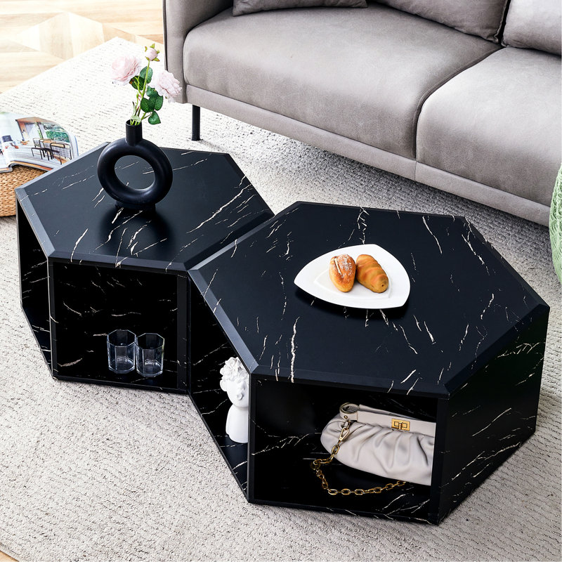 Paire de tables basses noires minimalistes hexagonales. Options de rangement supplémentaires. Différentes tailles. Facile à nettoyer. Table stable, avec utile