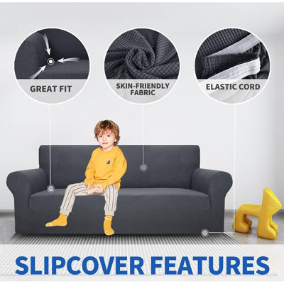 1-Piece Stretch Sofa Cover for 3-Cushion Couch, Jacquard Spandex Furniture Protector, Gray