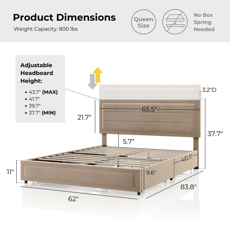 Upholstered Platform Storage Bed, Queen, Brown Velvet
