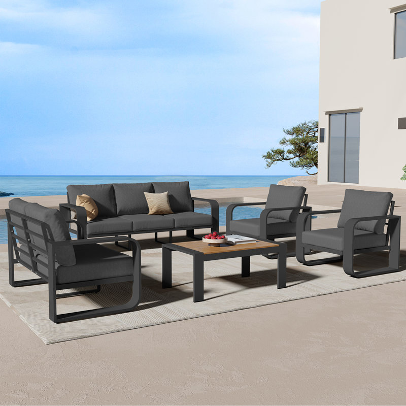 5PCS Outdoor Conversation Set, 5 Pcs: Table, Loveseat, Sofa, 2 Armchairs, Dark Gray Cushion/Black Frame