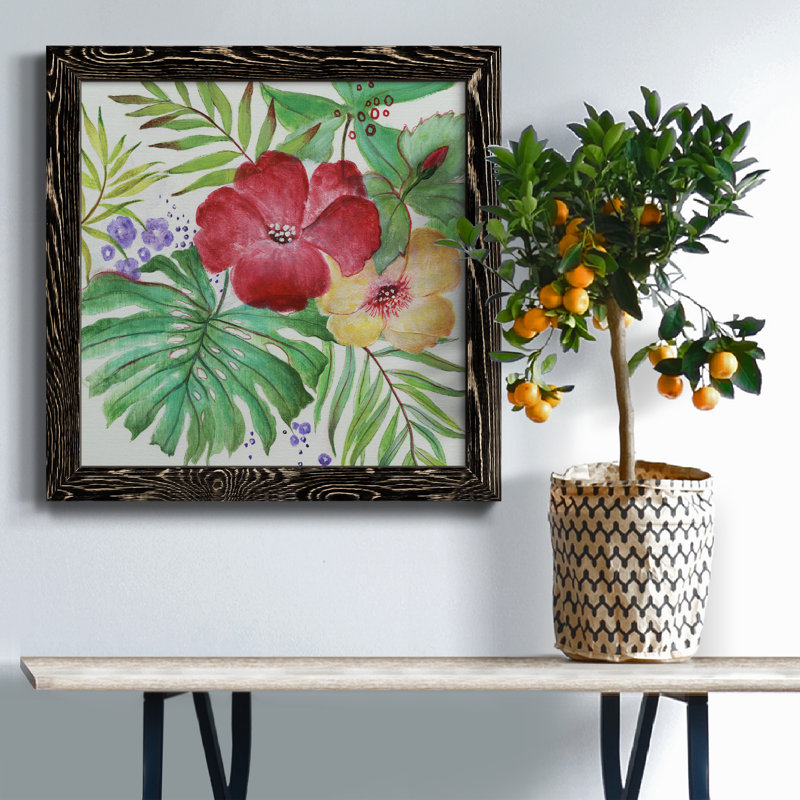 Fleurs tropicales - Peinture sur toile encadrée, H 17 po x l 17 po x P 1 po, Toile avec cadre noir patiné