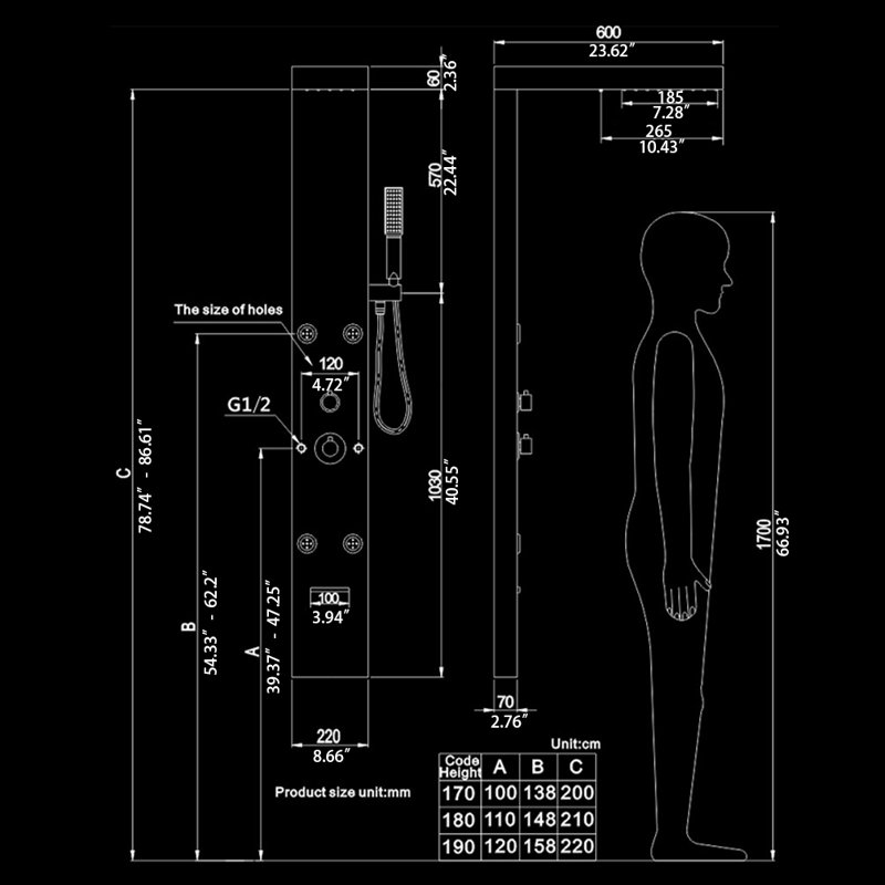 62'' Shower Panel with Fixed Shower Head