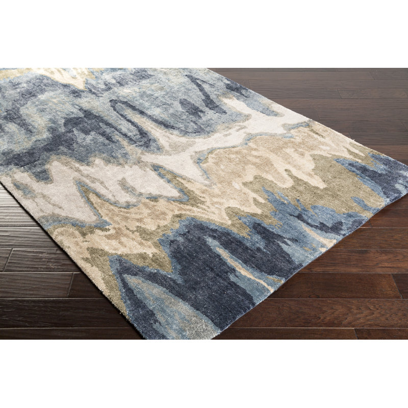 Tapis bleu / beige touffeté à la main à motif abstrait Aylesworth, Rectangle 2 pi x 3 pi