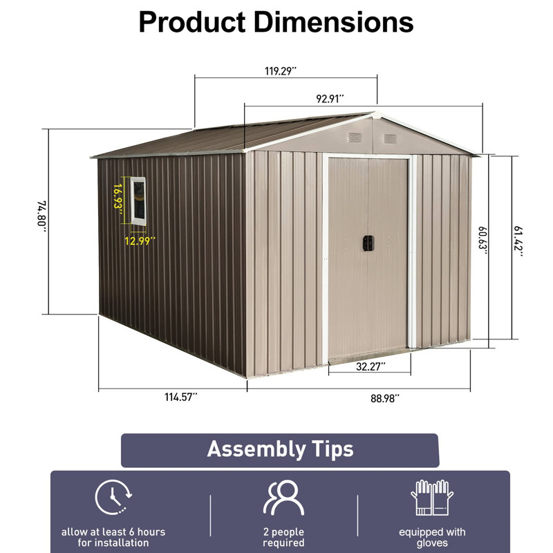 Grey 8Ft X 10Ft Metal Storage Shed With Foundation - Robust Galvanized Steel Build, Window, Punched Vents For Optimal Ventilation, Sliding Doors Padlock Easy Assembly Instructions Outdoor Door, And