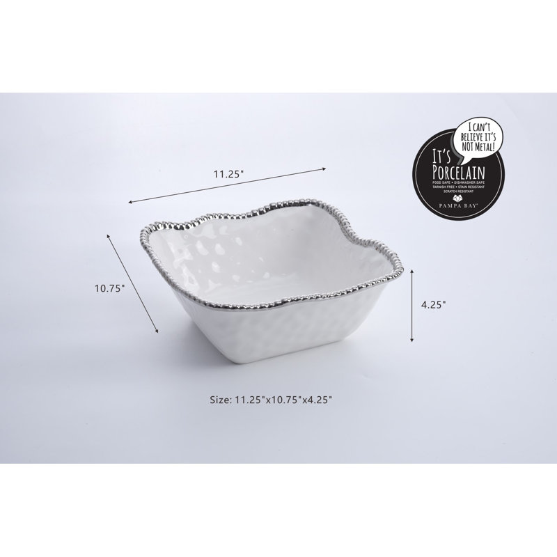 Grand bol à salade, H 4 po x l 12 po x P 12 po, Blanc/argenté
