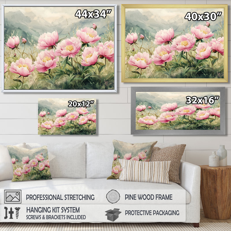 Pe pivoines dans la prairie alpine II - pivoines, art mural sur toile, Reproduction d'une seule photo avec cadre, Doré