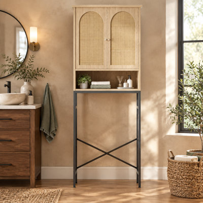 Natural Rattan Toilet Storage Cabinet, an Over-the-Rack Wood Cabinet with Metal Stand, Adjustable Shelf and Tall Freestanding Washer-Shelf Design for Bathroom Organization as a Small Cupboard