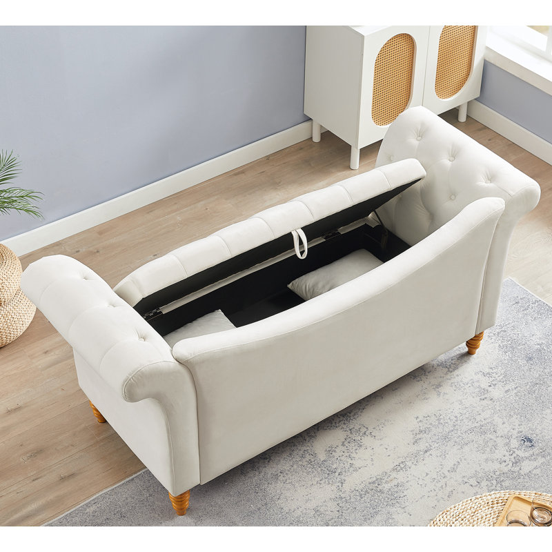 Repose-pieds de rangement rectangulaire en velours Jalinqua, 100 % polyester beige