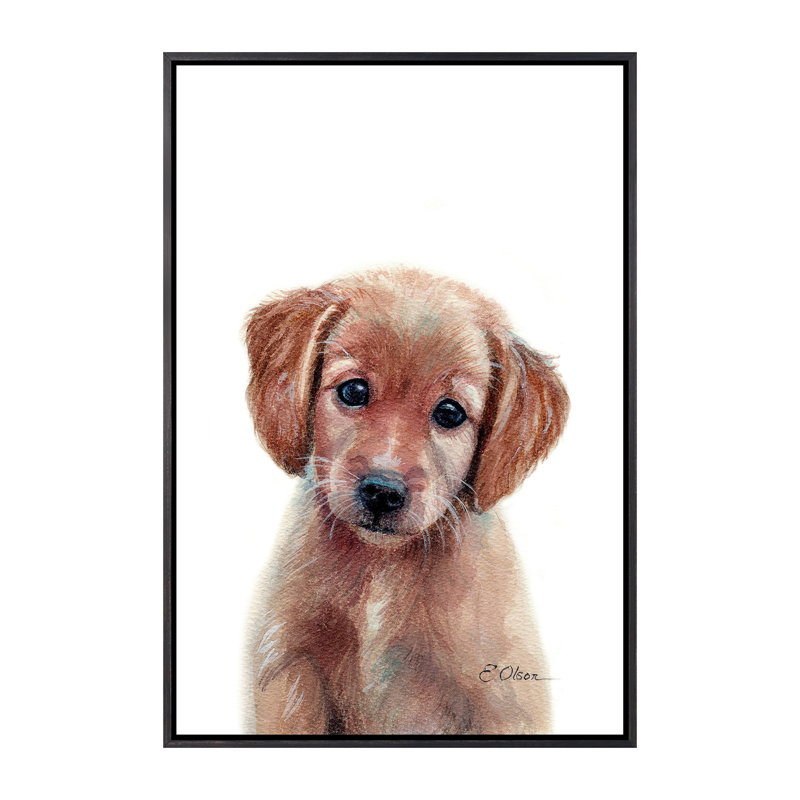 Chiot Golden Retriever par Watercolor Luv - reproduction d'art, H 26 po x l 18 po x 1,5 po, Toile avec cadre noir patiné