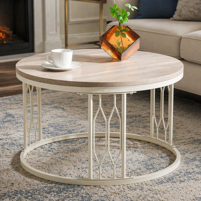 Round MDF Coffee Table With Stone-Effect Texture, 27.5-Inch Diameter. Round Coffee Table For The Living Room. Wabi-Sabi Style Round Coffee Table Featuring Sturdy Metal Frame Legs And Easy Assembly.