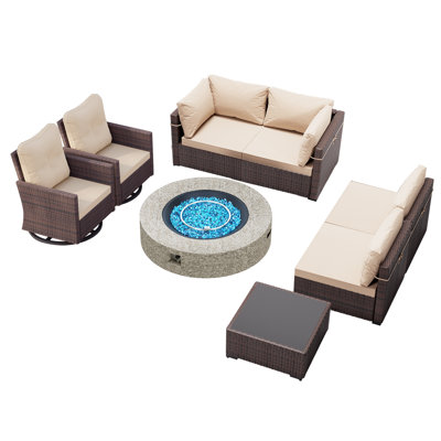 Ensemble de conversation de patio en rotin 8 pièces avec table de foyer d'extérieur de 42 pouces et chaises berçantes en rotin