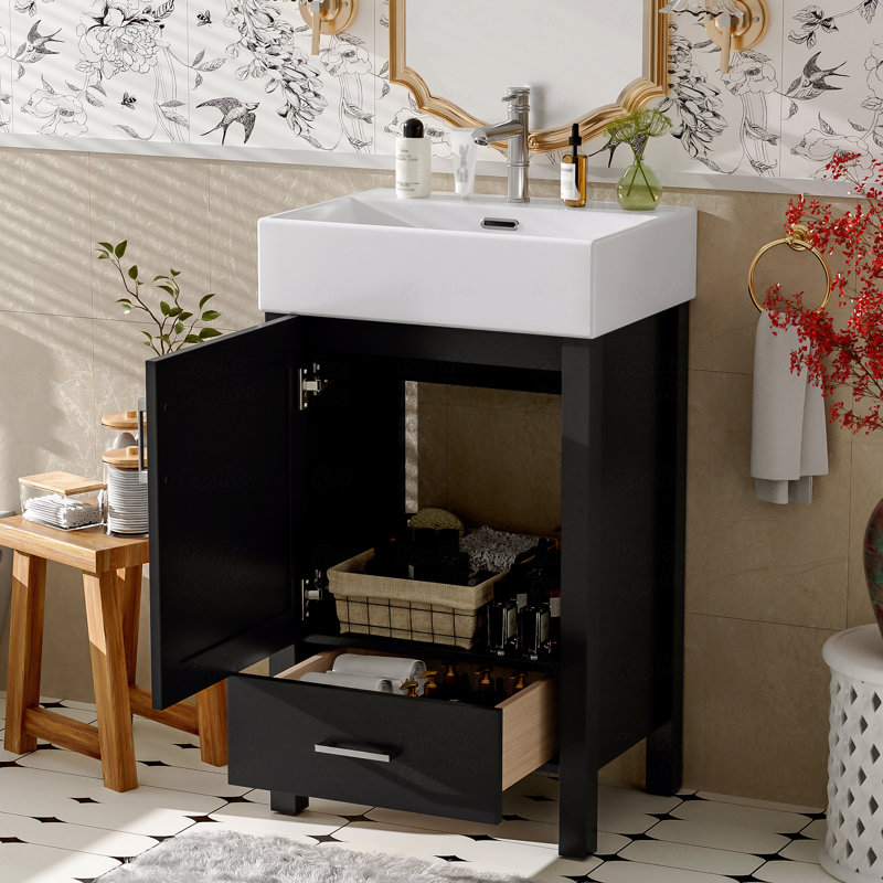 Modern Bathroom Vanity With Ceramic Sink, Solid Wood Frame, And Drawer