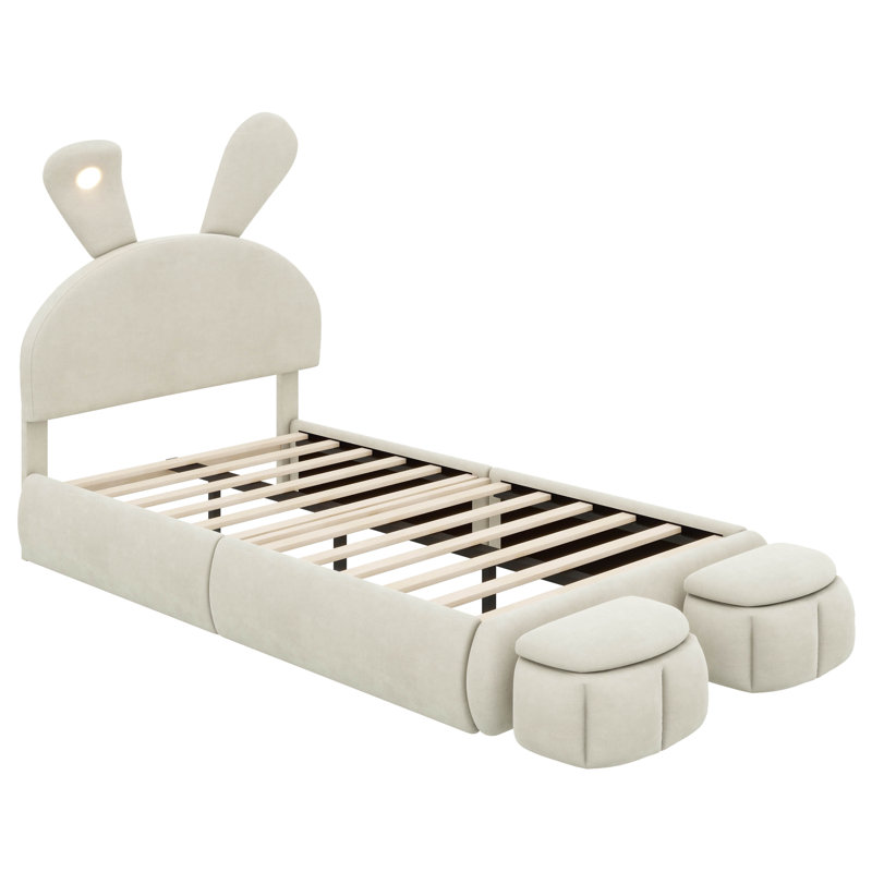 Platform Bed With Twin-Size Mattress And A Headboard Shaped Like Cartoon Ears, Upholstered, Beige