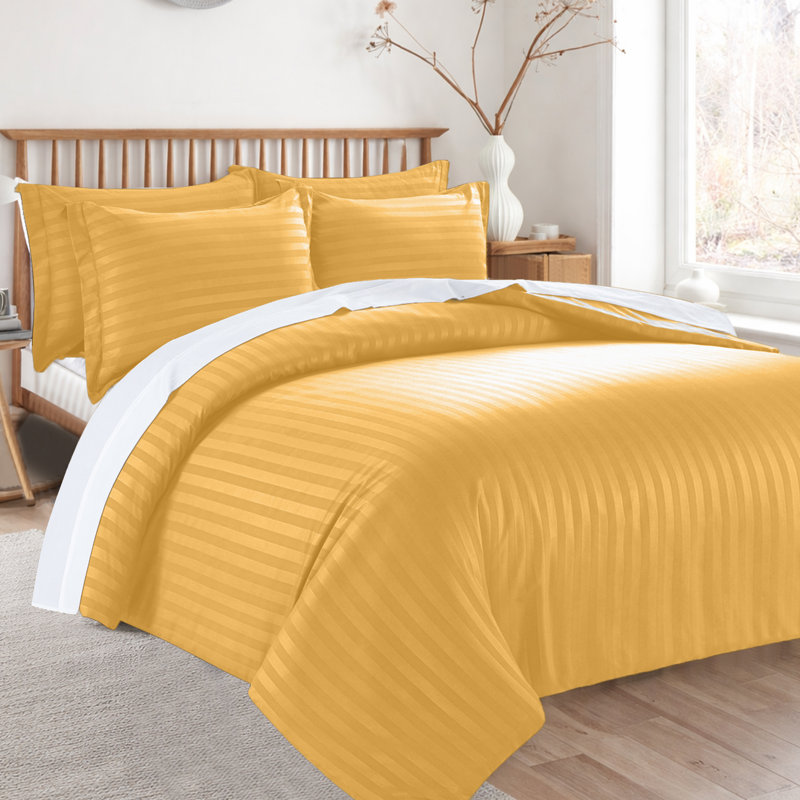 Microfiber 250 TC Reversible Stripe Duvet Cover Set with Pillowcases, Ochre, Kingsize Duvet Cover + 2 Standard Pillowcases