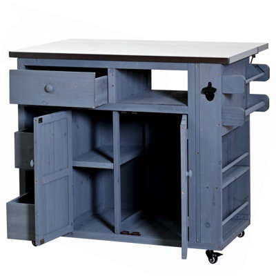 Outdoor Solid Wood Extendable Kitchen Island With Stainless Steel Top, Side Spice Rack, Drawers & Storage Cabinet