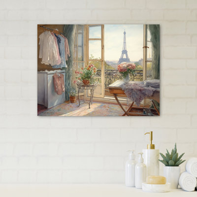 Laundry Room With A View Of The Eiffel Tower II - Bathroom Floral Canvas Print