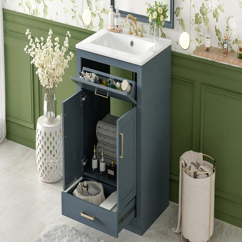 Meuble-lavabo 24 po avec lavabo en céramique intégré, armoire de salle de bain avec 2 portes, 1 tiroir basculant, meuble-lavabo simple pour salle de bain de petite et moyenne taille, bleu