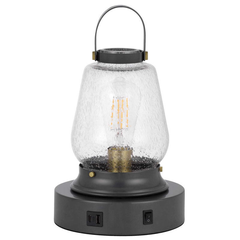 Lampe de table Terni Accent - 33 cm (13 po) de hauteur, métal bronze foncé, verre bullé transparent, 60 W, culot E26, interrupteur marche/arrêt, 1 port USB et 1 port USB-C, style lanterne