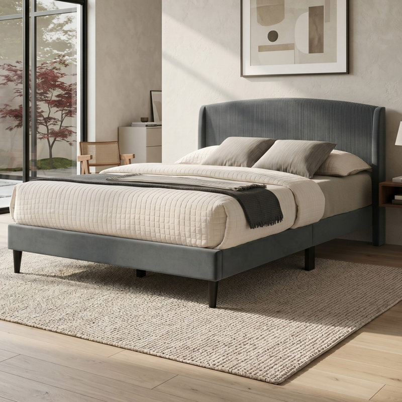 Grand lit tapissier contemporain avec tête de lit courbée Jolande, Grand lit, Gris foncé