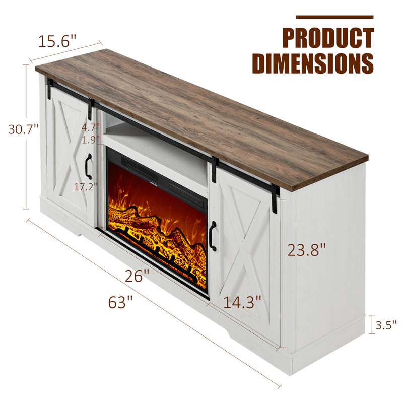 Meuble télé avec foyer en bois manufacturé 63 po Chiara, Blanc vieilli / rustique