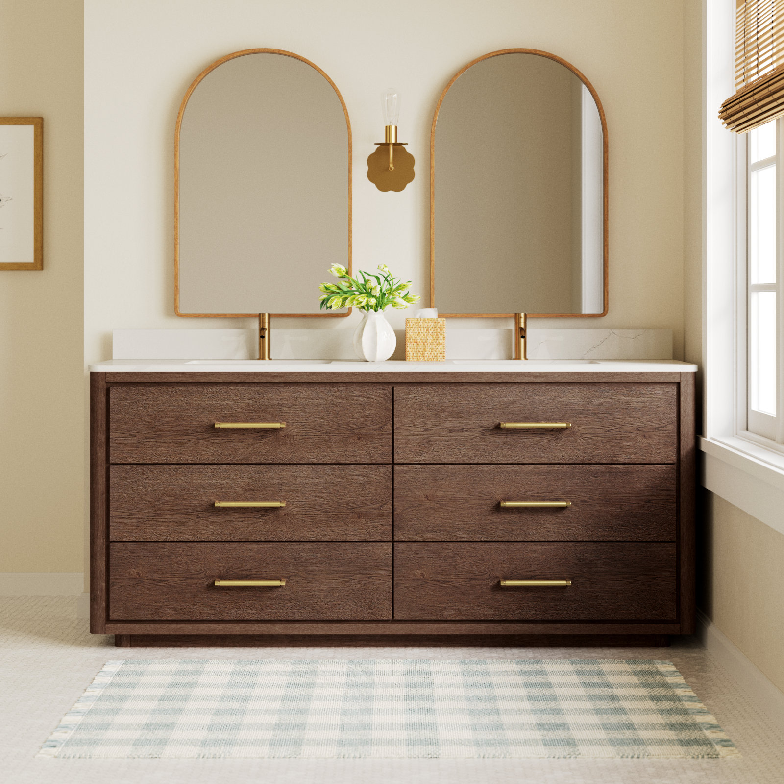Porto 72'' Double Bathroom Vanity, Dark Brown Oak, Gold