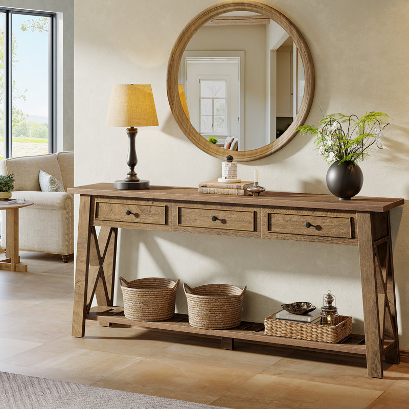 Console 70,87 po avec 3 tiroirs et tablettes, canapé-lit long en bois de style campagnard pour le salon, le vestibule et le couloir