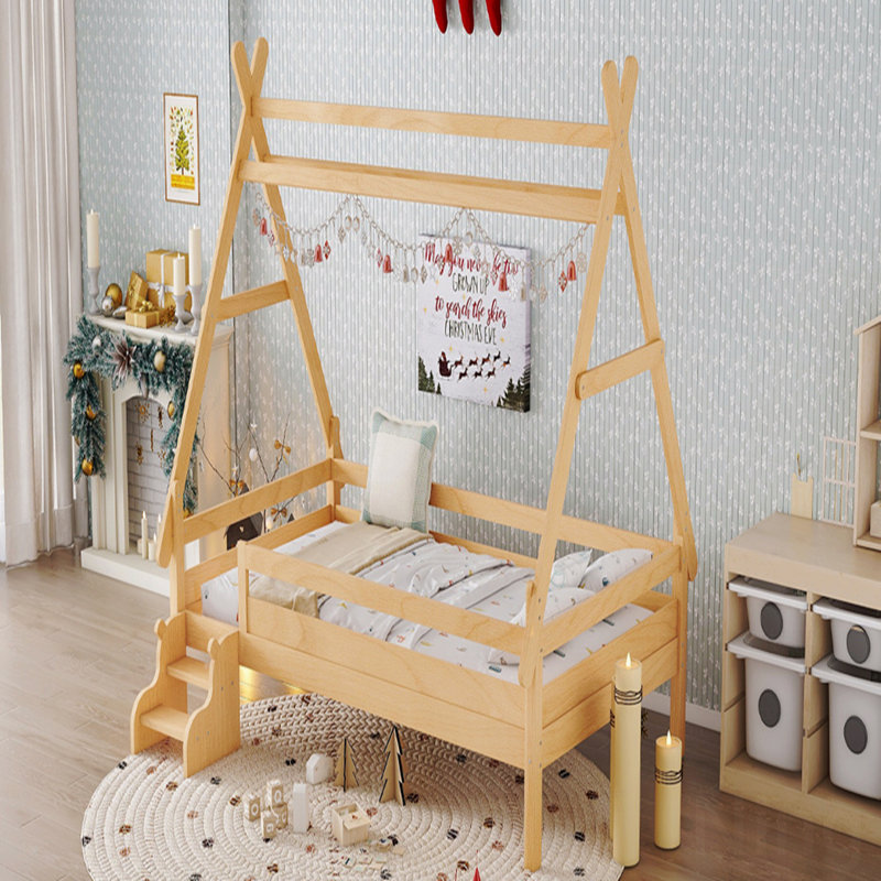 Twin House Platform Bed Frame With Stairs, Solid Wood Materialen Frame Material Twin Bed Frame, Lowith Profile And Childlike Fun Design.In Natural Finish