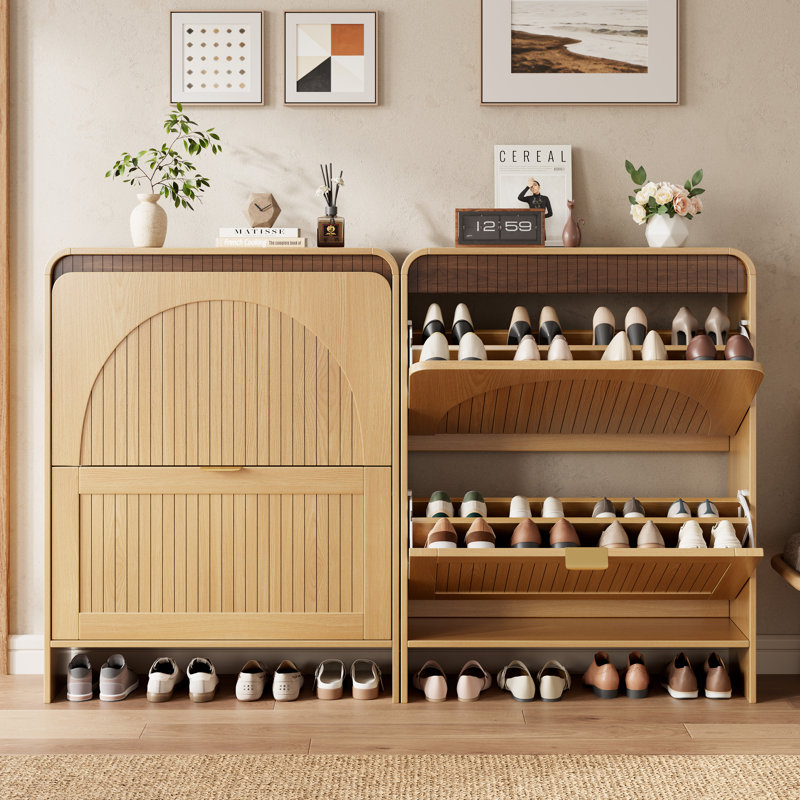 Meuble à chaussures moderne bicolore avec 2 tiroirs rabattables et étagères réglables, organisateur de chaussures avec panneau grillagé arqué, trousse anti-basculement