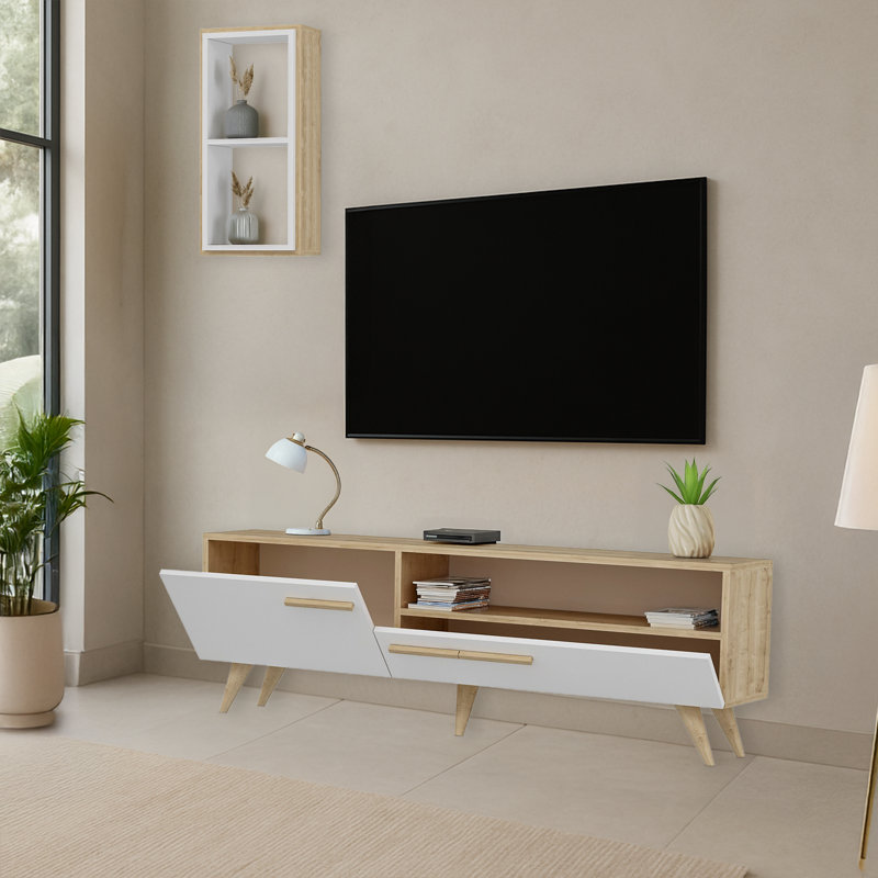 Meuble télé pour téléviseur de 65 po ou moins, Blanc / chêne saphir