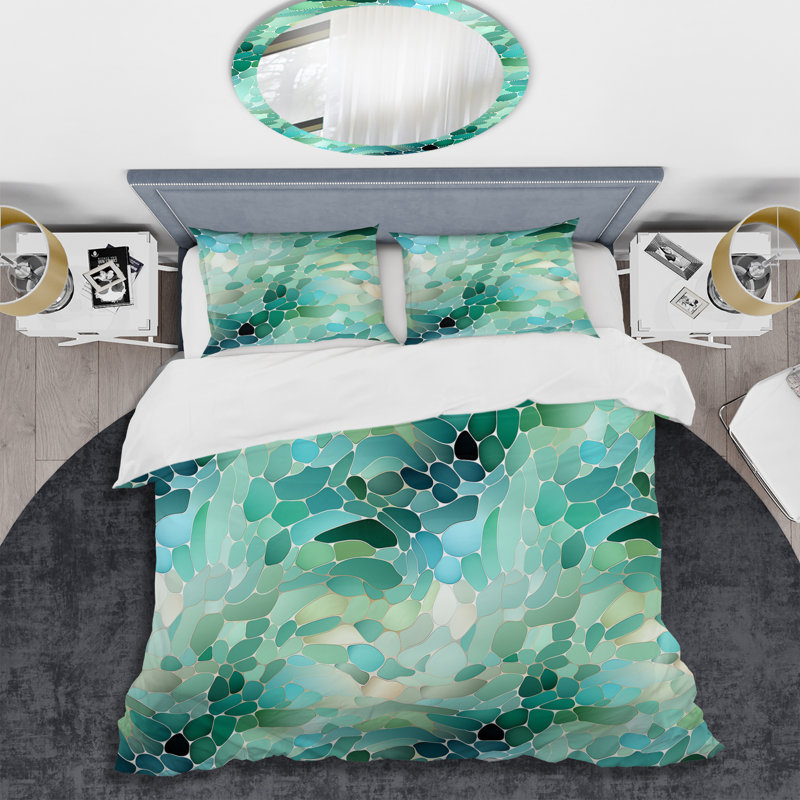 Ensemble de housse de couette Seaglass Mosaic Emerald Coastal, Housse de couette simple + 1 taie décorative stan