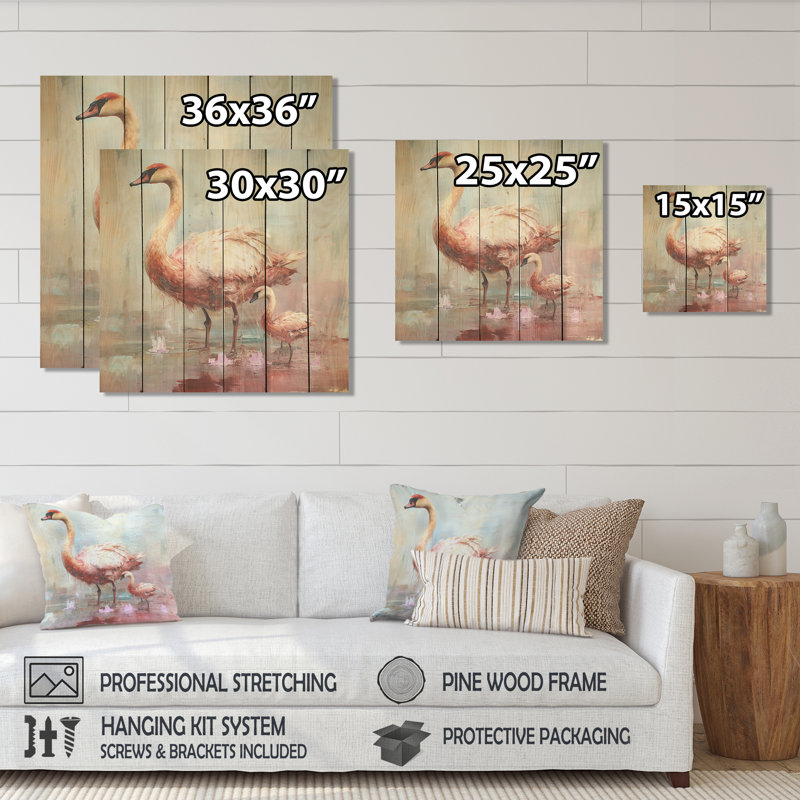 Beauté de cygne rose en fleurs - imprimé cygnes sur bois, H 36 po x l 36 po