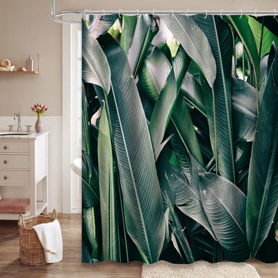 Rideau de douche à motif de feuilles tropicales vert jungle avec 12 crochets