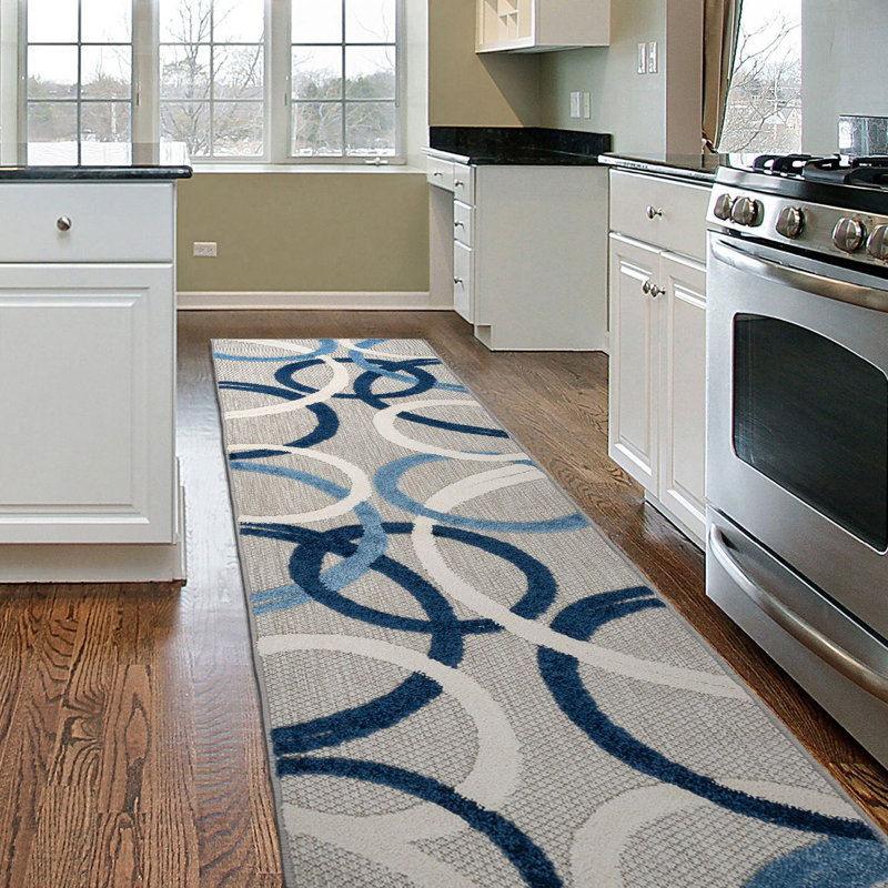Tapis intérieur / extérieur bleu marine / blanc / bleu Alvie, Tapis de couloir 2 pi x 7 pi