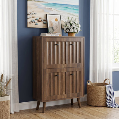 Medieval-style modern shoe cabinet, upright shoe storage unit with vertical grooved finish, 23.6-inch walnut-colored shoe cabinet, suitable for hallways, passageways and entrances.
