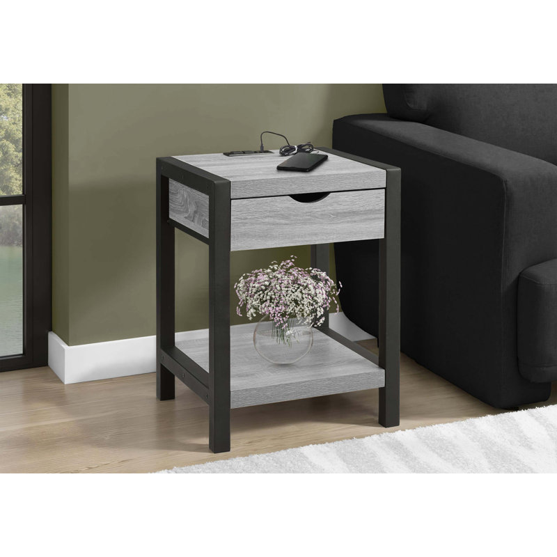 Compact Accent Table with Storage Drawer and USB Charging, Gray