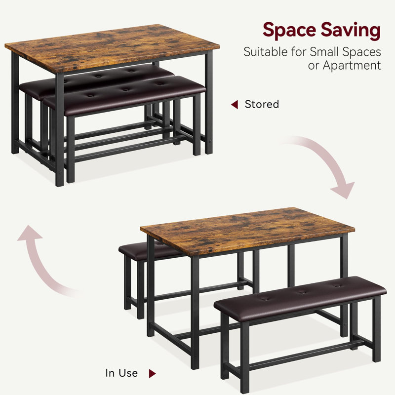 Kitchen Table With Benches, Dining Table Set For 4, Rectangular Dining Room Table Set With 2 Upholstered Benches, 3 Piece Kitchen Table Set For Small Space, Apartment, Studio, Retro Brown
