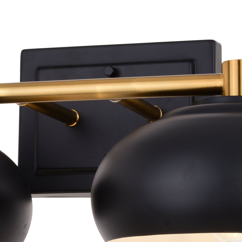 Mid Century Modern Dome Bathroom Vanity Fixture, 2 Lights, Matte Black/Satin Brass