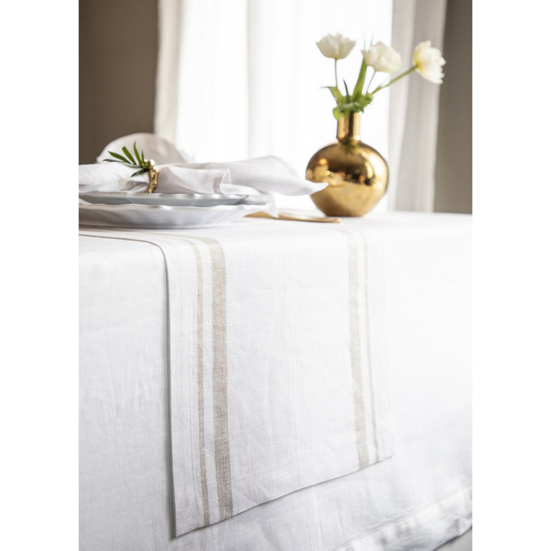 French Stripe - 100% Pure Linen Table Runner, Natural/White, 132" x 14"