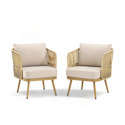 2-Piece All-Weather PE Wicker Patio Chairs Set With 4" High-Density Cushions, Rattan Barrel Chairs For Porch, Backyard, Garden