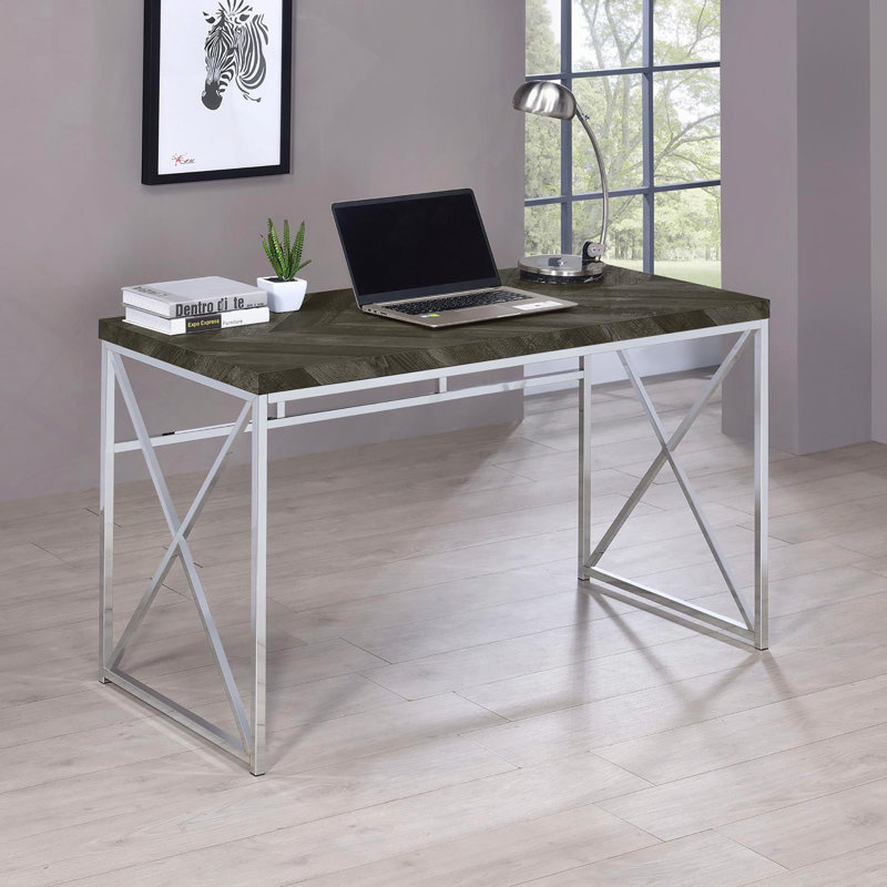 Bureau, bureau à chevrons gris rustique et bureau chromé