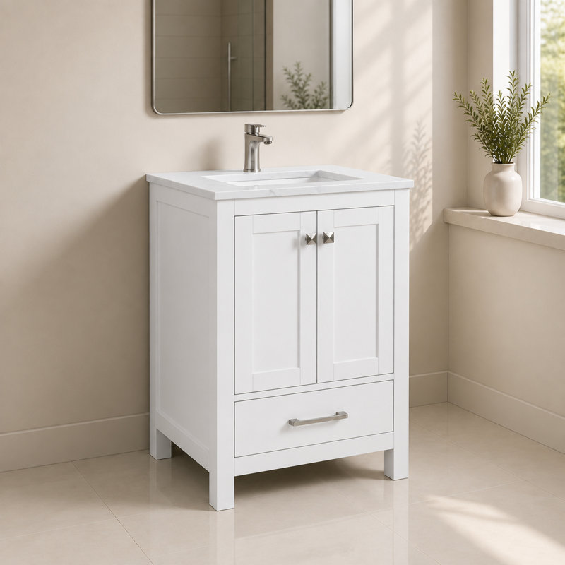 Amandie 24 in. Single Sink Freestanding Bath Vanity in Matte White with White Quartz Top, Quartz/White Carrara, Matte White