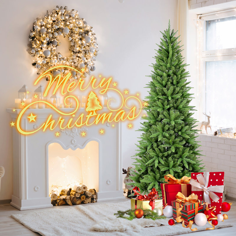 9FT Slim Christmas Tree – 2152 Tips,  PE+PVC Branches, Hinged Design For Easy Setup, Stable Metal Stand, 9', Not Pre-Lit