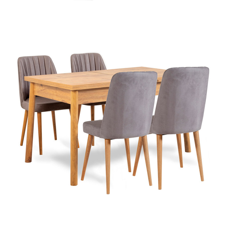 Ensemble de table et chaises de salle à manger extensible Modern (6 pièces) | 100% panneau de particules enduit de mélamine, table: 47,2 po x 29,5 po x 29,5 po, ouverture: 60,2 po x 29,5 po x 29,5 po | 4 chaises en mousse de lin: 18,5 po x 35,4 po, ban