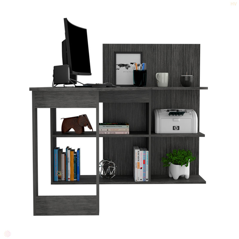 Bureau d'ordinateur Masai, cinq tablettes ouvertes, Gris