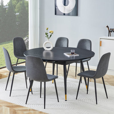 53" Extendable Dining Table Set For 6, 7-Piece Self Storing Leaf Round To Oval Kitchen Table With 6 High-Quality Linen Chairs, Gold-Tipped Legs For Small Spaces