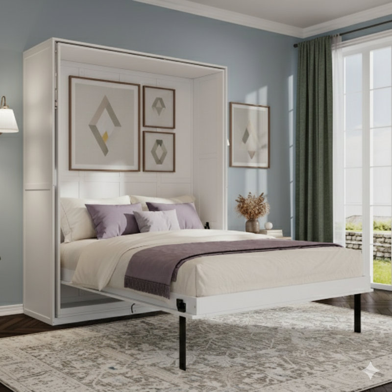 Grand lit escamotable rotatif avec supports de rangement dissimulés, un lit mural multifonctionnel peu encombrant adapté au bureau à domicile et aux petites pièces, en blanc.