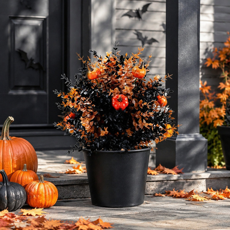 Tuteur en forme de citrouille artificielle pour arbre d'automne, feuillage artificiel brun et noir pour la décoration extérieure du jardin et des récoltes d'automne