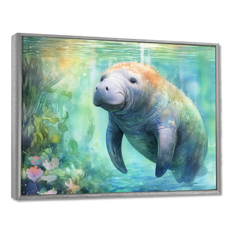 Gentle Manatee II - Art mural de lamantin pour le salon, H 34 po x l 44 po x P 1,5 po, Encadrement argenté