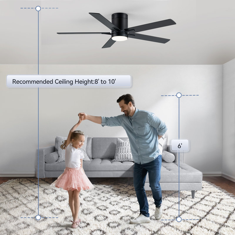 Jayceyon 52'' Large Flush Mount Ceiling Fan With Led Lights and Remote, Quiet Reversible DC Motor, 5 wood Blades Low Profile, Timer, for Indoor/Covered Outdoor Use